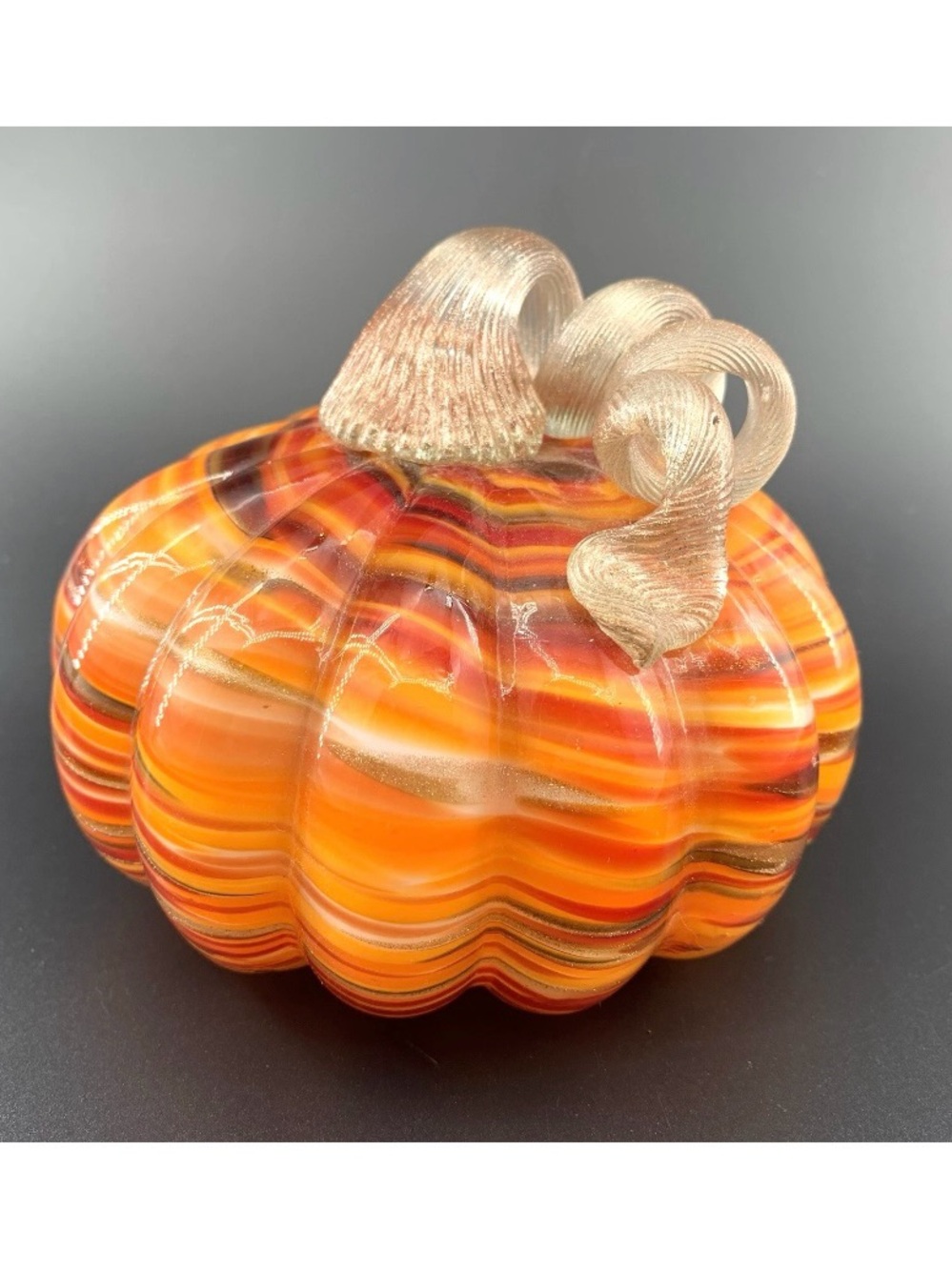 Art Glass Pumpkin Orange Swirl Glass Pumpkin Shimmering Silver Stem Fall Decor
